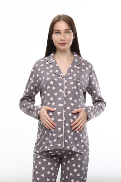 Likapa Penye Önden Düğmeli Hamile Lohusa UZUN KOL PİJAMA TAKIMI Kahve Kalpli - 2XL