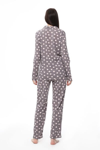 Likapa Penye Önden Düğmeli Hamile Lohusa UZUN KOL PİJAMA TAKIMI Kahve Kalpli - 2XL