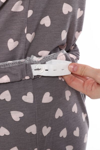 Likapa Penye Önden Düğmeli Hamile Lohusa UZUN KOL PİJAMA TAKIMI Kahve Kalpli - 3XL