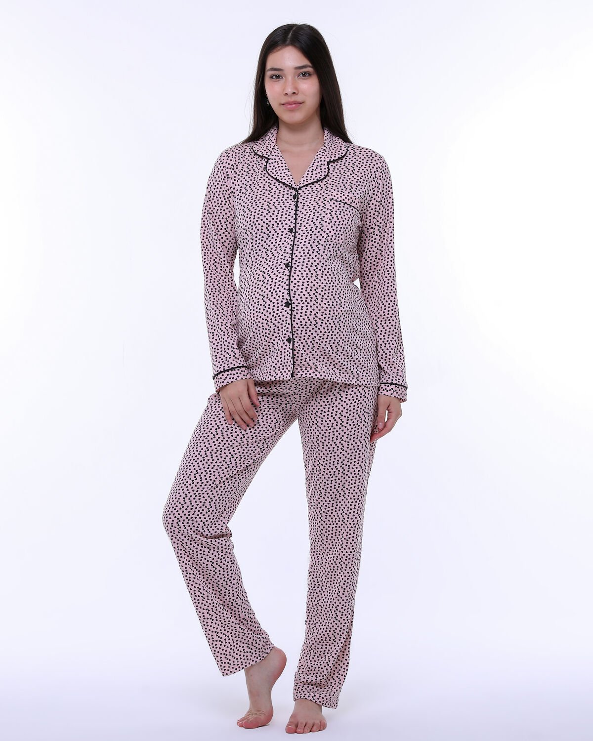 Likapa Penye Önden Düğmeli Hamile Lohusa UZUN KOL PİJAMA TAKIMI Somon - Küçük Kalp - M