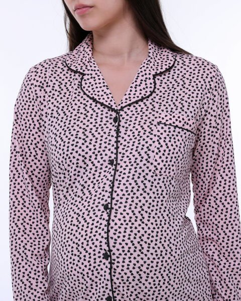 Likapa Penye Önden Düğmeli Hamile Lohusa UZUN KOL PİJAMA TAKIMI Somon - Küçük Kalp - M