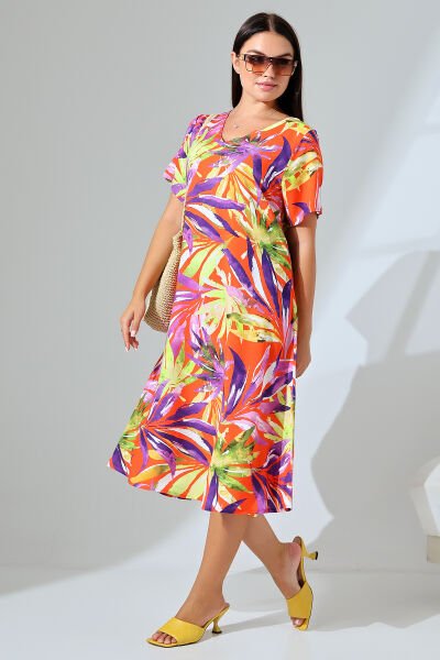 Likapa Yazlık Büyük Beden Viskon  V Yaka Kısa Kol Elbise 2688 S - turuncu yaprak