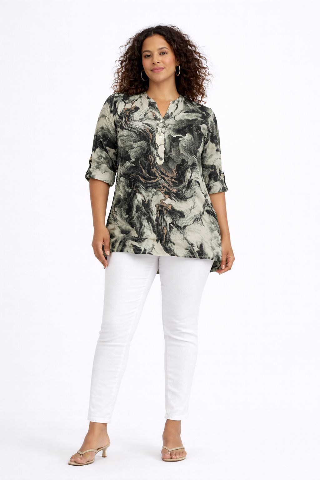 LİKAPASHOP Viskon Kumaş Önden Düğmeli Tunik 553  Yeşil Etnik Desen - 3XL