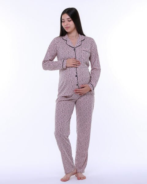 Likapa Penye Önden Düğmeli Hamile Lohusa UZUN KOL PİJAMA TAKIMI Somon - Küçük Kalp - L