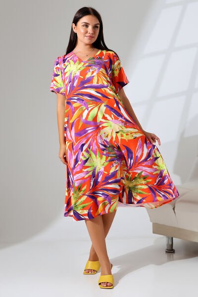 Likapa Yazlık Büyük Beden Viskon  V Yaka Kısa Kol Elbise 2688 M - turuncu yaprak