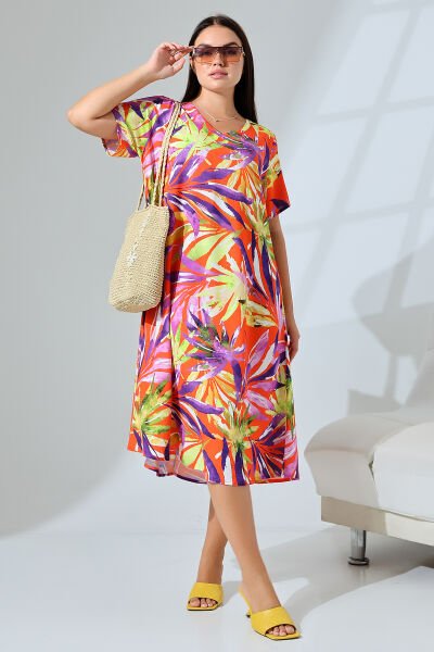 Likapa Yazlık Büyük Beden Viskon  V Yaka Kısa Kol Elbise 2688 L - turuncu yaprak