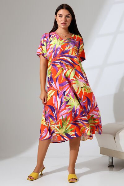 Likapa Yazlık Büyük Beden Viskon  V Yaka Kısa Kol Elbise 2688 L - turuncu yaprak