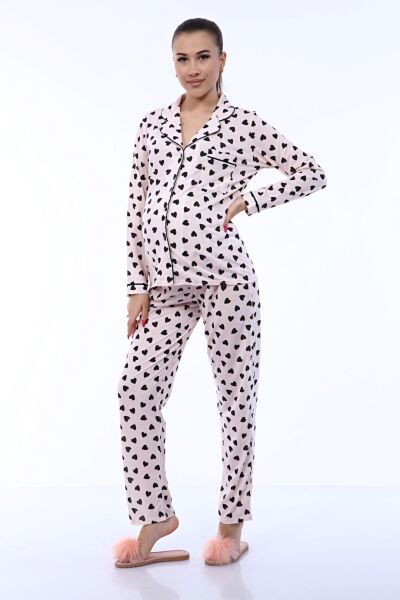 Likapa Penye Önden Düğmeli Hamile Lohusa UZUN KOL PİJAMA TAKIMI Somon Büyük Kalpli - 2XL