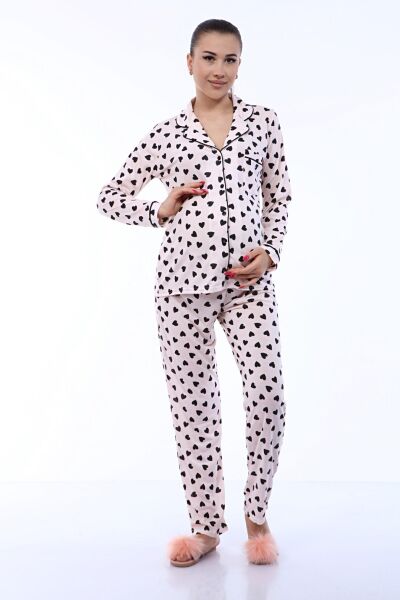Likapa Penye Önden Düğmeli Hamile Lohusa UZUN KOL PİJAMA TAKIMI Somon Büyük Kalpli - 2XL