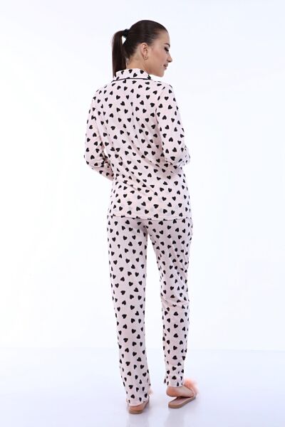 Likapa Penye Önden Düğmeli Hamile Lohusa UZUN KOL PİJAMA TAKIMI Somon Büyük Kalpli - 2XL