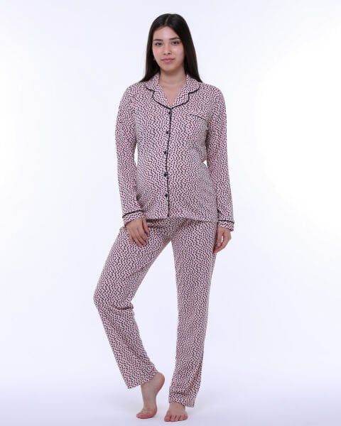 Likapa Penye Önden Düğmeli Hamile Lohusa UZUN KOL PİJAMA TAKIMI Somon - Küçük Kalp - 2XL