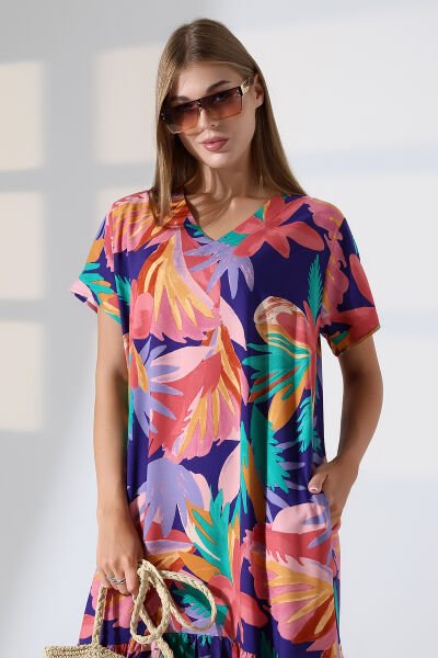 LİKAPASHOP VİSKON FIRFIRLI BÜYÜK BEDEN ELBİSE PEMBE ÇİÇEK - XL