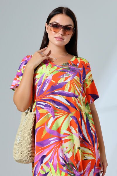 Likapa Yazlık Büyük Beden Viskon  V Yaka Kısa Kol Elbise 2688 2XL - turuncu yaprak