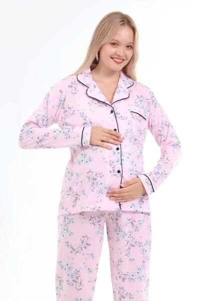 Likapa Penye Önden Düğmeli Hamile Lohusa UZUN KOL PİJAMA TAKIMI PEMBE ÇİÇEK - S