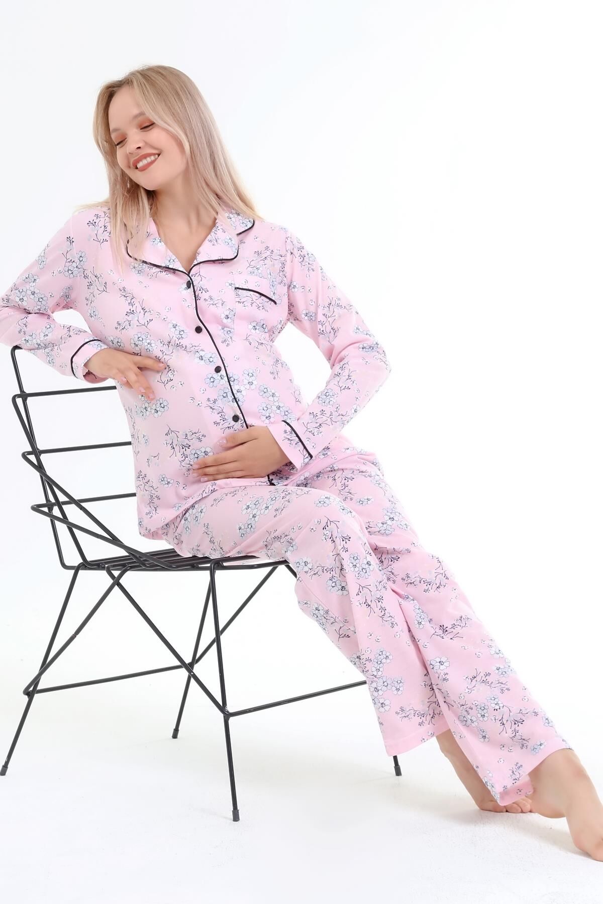Likapa Penye Önden Düğmeli Hamile Lohusa UZUN KOL PİJAMA TAKIMI PEMBE ÇİÇEK - 2XL