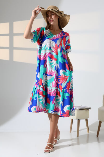 LİKAPASHOP VİSKON FIRFIRLI BÜYÜK BEDEN ELBİSE MAVİ ÇİÇEK - 2XL