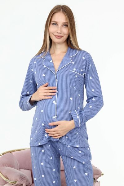 Likapa Penye Önden Düğmeli Hamile Lohusa UZUN KOL PİJAMA TAKIMI Mavi Lacivert Çizgili - XL