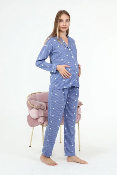 Likapa Penye Önden Düğmeli Hamile Lohusa UZUN KOL PİJAMA TAKIMI Mavi Lacivert Çizgili - XL