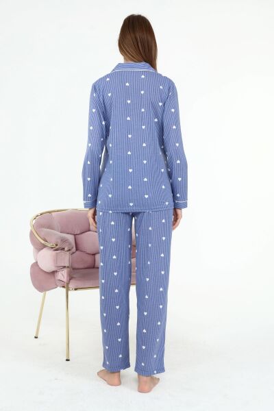 Likapa Penye Önden Düğmeli Hamile Lohusa UZUN KOL PİJAMA TAKIMI Mavi Lacivert Çizgili - 3XL