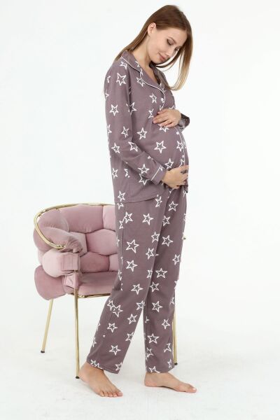 Likapa Penye Önden Düğmeli Hamile Lohusa UZUN KOL PİJAMA TAKIMI Kahve Büyük YILDIZ - M