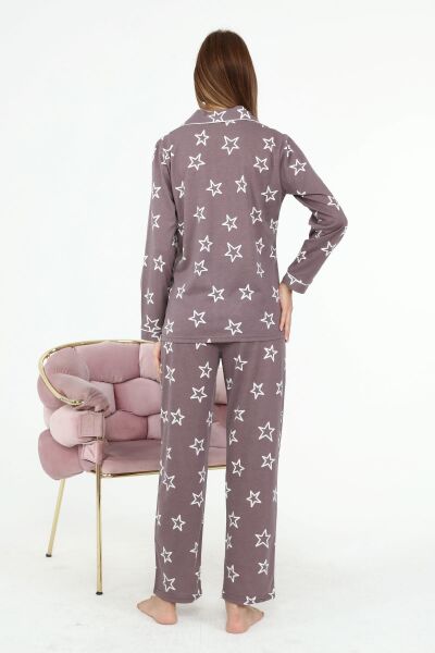 Likapa Penye Önden Düğmeli Hamile Lohusa UZUN KOL PİJAMA TAKIMI Kahve Büyük YILDIZ - M