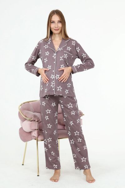 Likapa Penye Önden Düğmeli Hamile Lohusa UZUN KOL PİJAMA TAKIMI Kahve Büyük YILDIZ - L