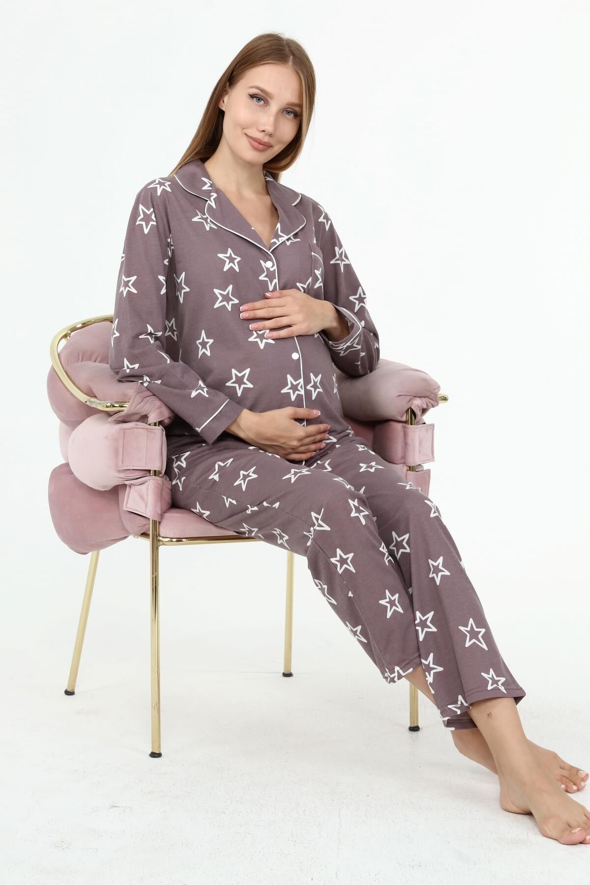 Likapa Penye Önden Düğmeli Hamile Lohusa UZUN KOL PİJAMA TAKIMI Kahve Büyük YILDIZ - 2XL