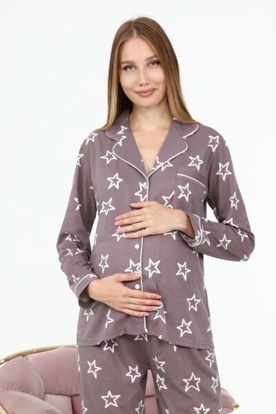 Likapa Penye Önden Düğmeli Hamile Lohusa UZUN KOL PİJAMA TAKIMI Kahve Büyük YILDIZ - 2XL