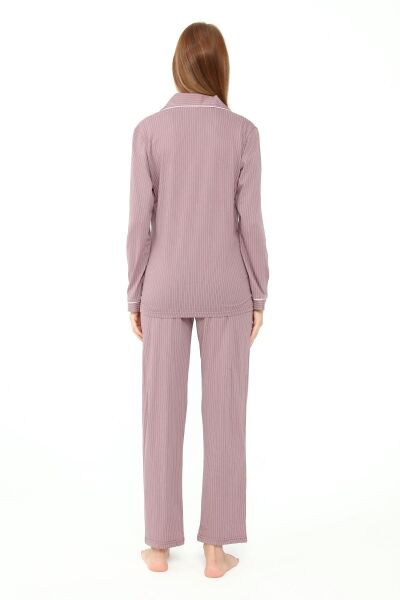 Likapa Penye Önden Düğmeli Hamile Lohusa UZUN KOL PİJAMA TAKIMI Kahve Pembe Çizgili - L