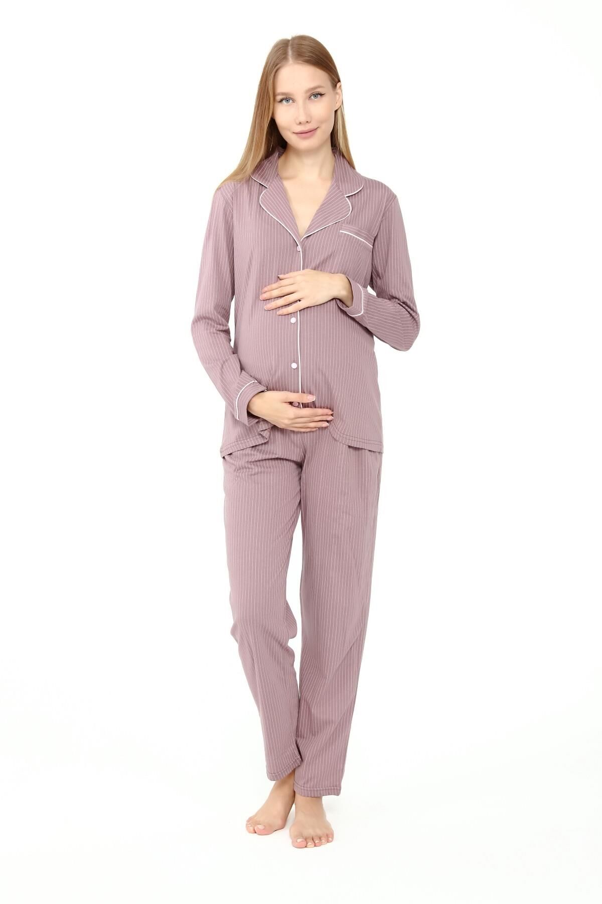 Likapa Penye Önden Düğmeli Hamile Lohusa UZUN KOL PİJAMA TAKIMI Kahve Pembe Çizgili - XL