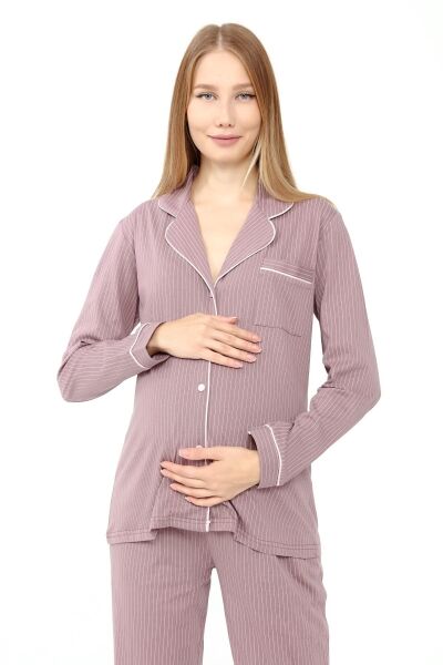 Likapa Penye Önden Düğmeli Hamile Lohusa UZUN KOL PİJAMA TAKIMI Kahve Pembe Çizgili - XL