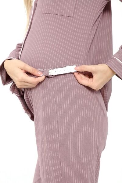 Likapa Penye Önden Düğmeli Hamile Lohusa UZUN KOL PİJAMA TAKIMI Kahve Pembe Çizgili - XL