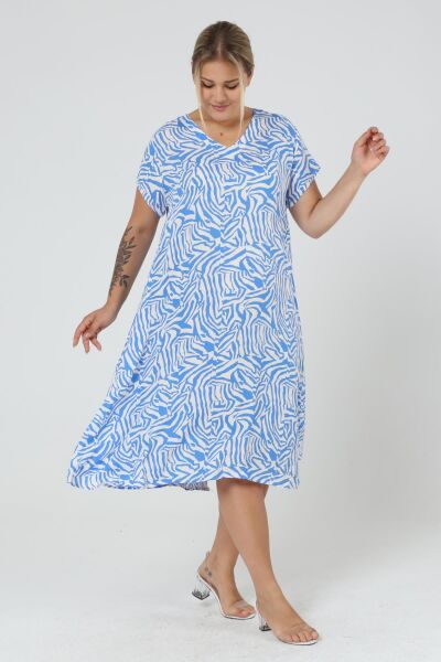 Likapa Yazlık Büyük Beden Viskon  V Yaka Kısa Kol Elbise 2688 XL