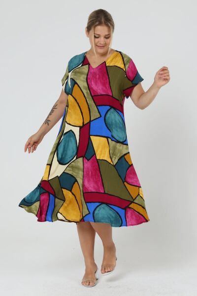 Likapa Yazlık Büyük Beden Viskon  V Yaka Kısa Kol Elbise 2688 Siyah Tutuncu - L