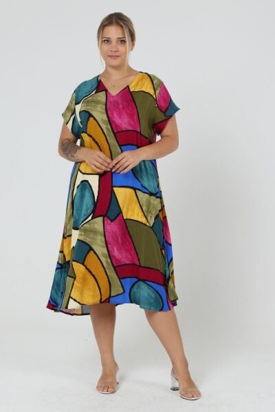 Likapa Yazlık Büyük Beden Viskon  V Yaka Kısa Kol Elbise 2688 PEMBE ÇİÇEK - 2XL