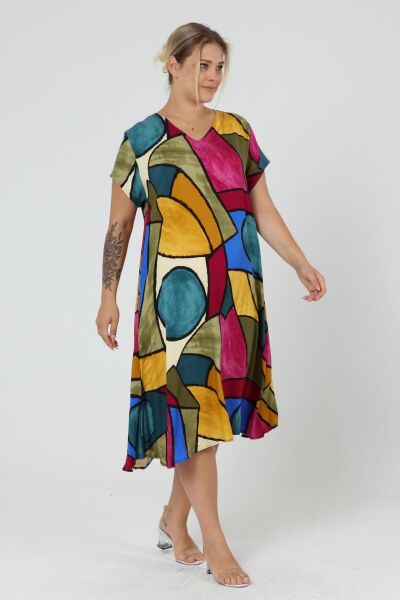 Likapa Yazlık Büyük Beden Viskon  V Yaka Kısa Kol Elbise 2688 YESİL ŞAL - M