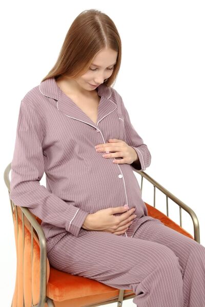 Likapa Penye Önden Düğmeli Hamile Lohusa UZUN KOL PİJAMA TAKIMI Kahve Pembe Çizgili - 2XL