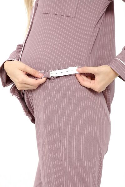 Likapa Penye Önden Düğmeli Hamile Lohusa UZUN KOL PİJAMA TAKIMI Kahve Pembe Çizgili - 2XL