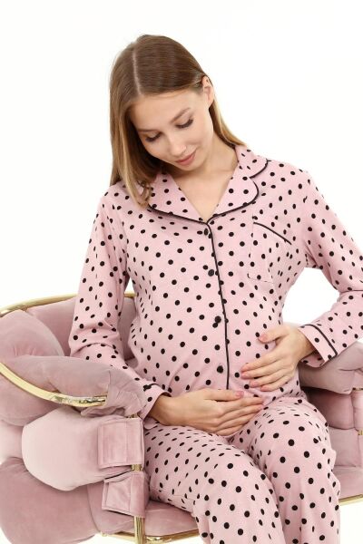 Likapa Penye Önden Düğmeli Hamile Lohusa UZUN KOL PİJAMA TAKIMI Pembe Puanlı - M