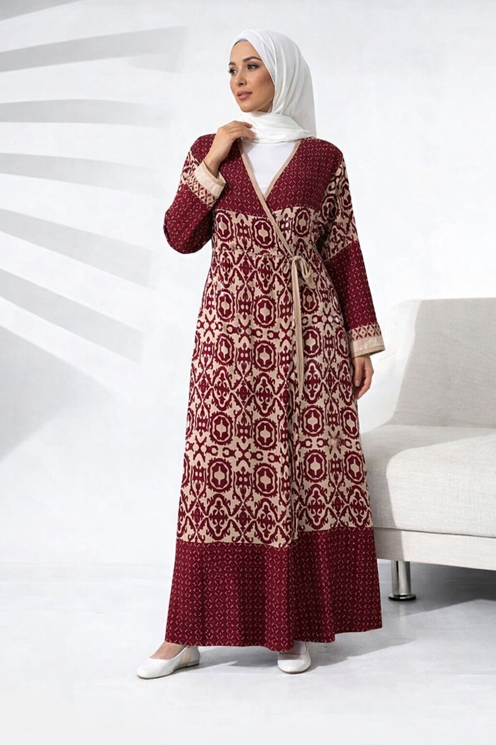 2001-01 Likapa Viskon Namaz Elbisesi Bordo Desenli Eteği Sulu - 2