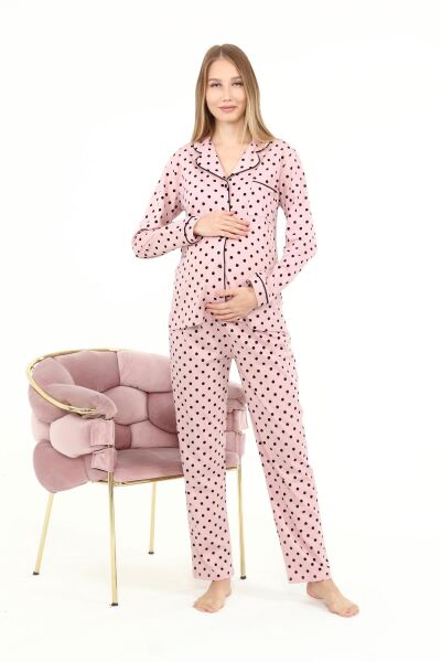 Likapa Penye Önden Düğmeli Hamile Lohusa UZUN KOL PİJAMA TAKIMI Pembe Puanlı - 2XL