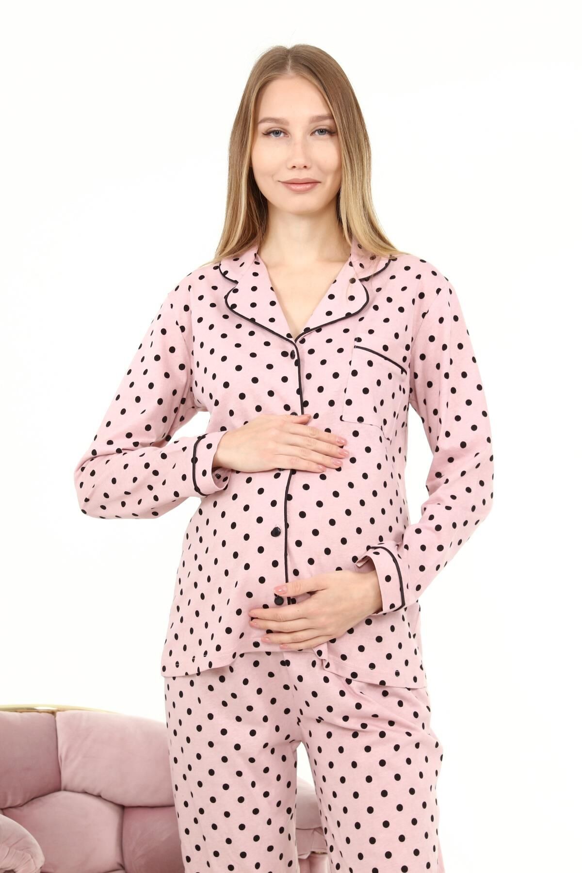 Likapa Penye Önden Düğmeli Hamile Lohusa UZUN KOL PİJAMA TAKIMI Pembe Puanlı - 3XL