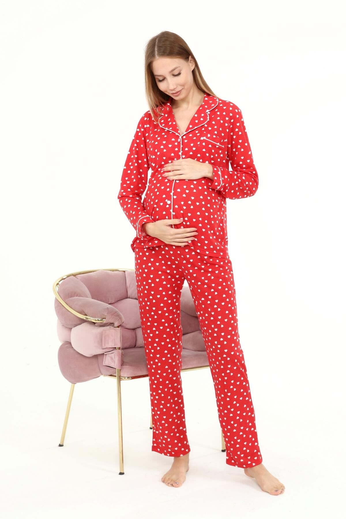 Likapa Penye Önden Düğmeli Hamile Lohusa UZUN KOL PİJAMA TAKIMI Kırmızı Kalpli - L