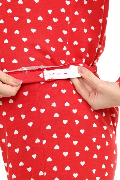 Likapa Penye Önden Düğmeli Hamile Lohusa UZUN KOL PİJAMA TAKIMI Kırmızı Kalpli - L