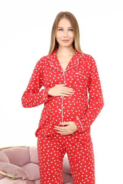 Likapa Penye Önden Düğmeli Hamile Lohusa UZUN KOL PİJAMA TAKIMI Kırmızı Kalpli - XL