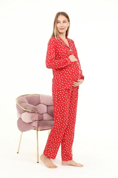 Likapa Penye Önden Düğmeli Hamile Lohusa UZUN KOL PİJAMA TAKIMI Kırmızı Kalpli - 2XL