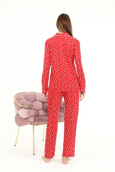 Likapa Penye Önden Düğmeli Hamile Lohusa UZUN KOL PİJAMA TAKIMI Kırmızı Kalpli - 2XL