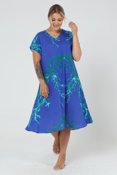 Likapa Yazlık Büyük Beden Viskon  V Yaka Kısa Kol Elbise 2688 Sax - S