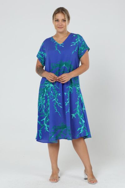 Likapa Yazlık Büyük Beden Viskon  V Yaka Kısa Kol Elbise 2688 Sax - S