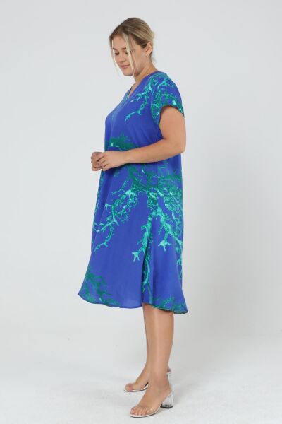 Likapa Yazlık Büyük Beden Viskon  V Yaka Kısa Kol Elbise 2688 Sax - M